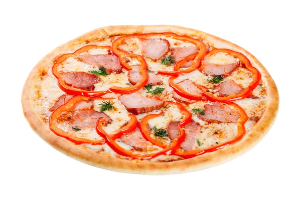 Pizza met ham en peper geïsoleerd op witte achtergrond — Stockfoto