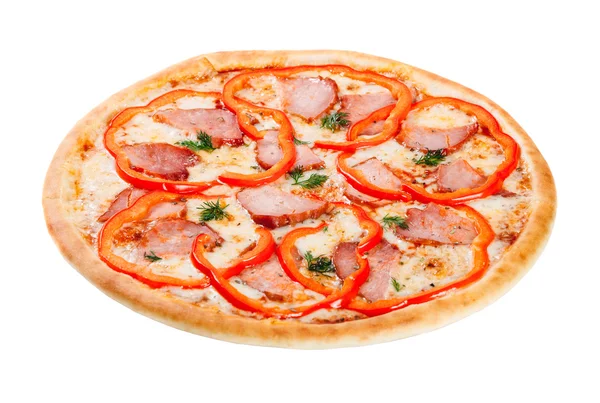 Pizza con prosciutto e pepe isolato su sfondo bianco Foto Stock Royalty Free