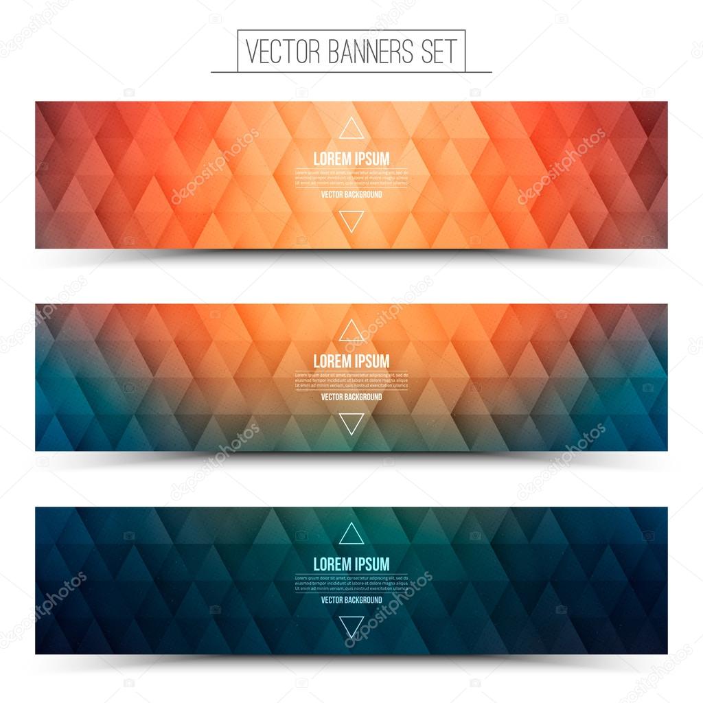 Abstract triangular structure 3d vector retro design textured orange blue web banners set for business, internet, advertising, design, ui, seo