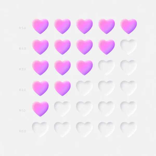 Vector 3D Pink Violet Hearts Avaliação Ícones Neumorphic UI UX Elementos de design em fundo claro —  Vetores de Stock