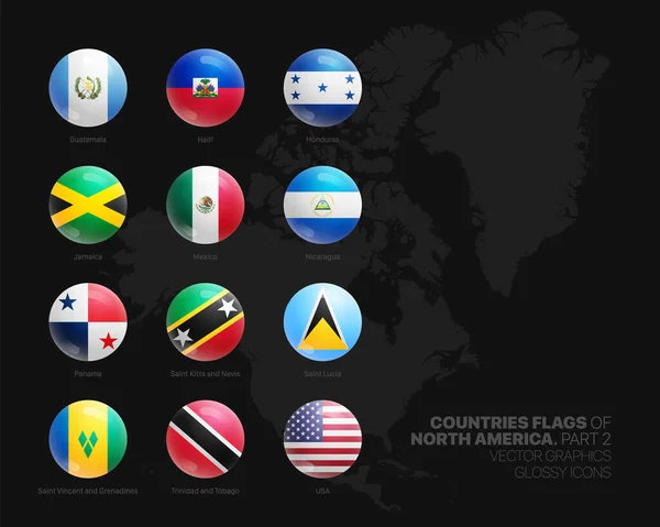 Північна Америка Країни Flags Vector 3D Glossy Icons Set Isolated On Black Background Part 2 — стоковий вектор