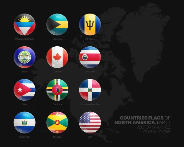 Noord-Amerika Landen Vlaggen Vector 3D Glanzende Pictogrammen Geïsoleerd op Zwarte Achtergrond Deel 1 — Stockvector
