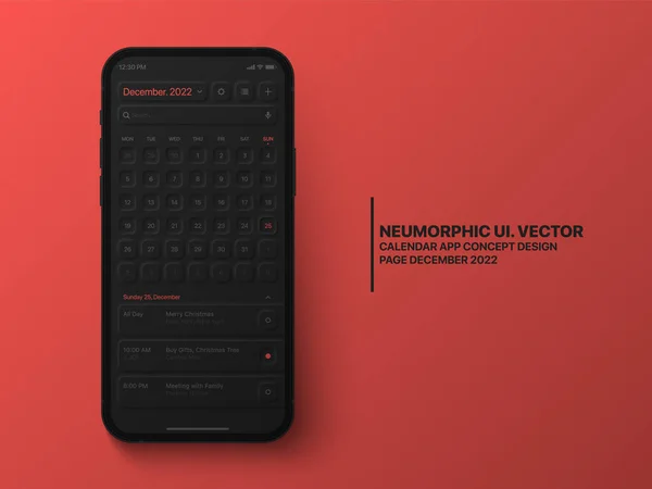 Calendário vetorial Aplicativo móvel dezembro 2022 UI UX Design neumórfico Mockup — Vetor de Stock