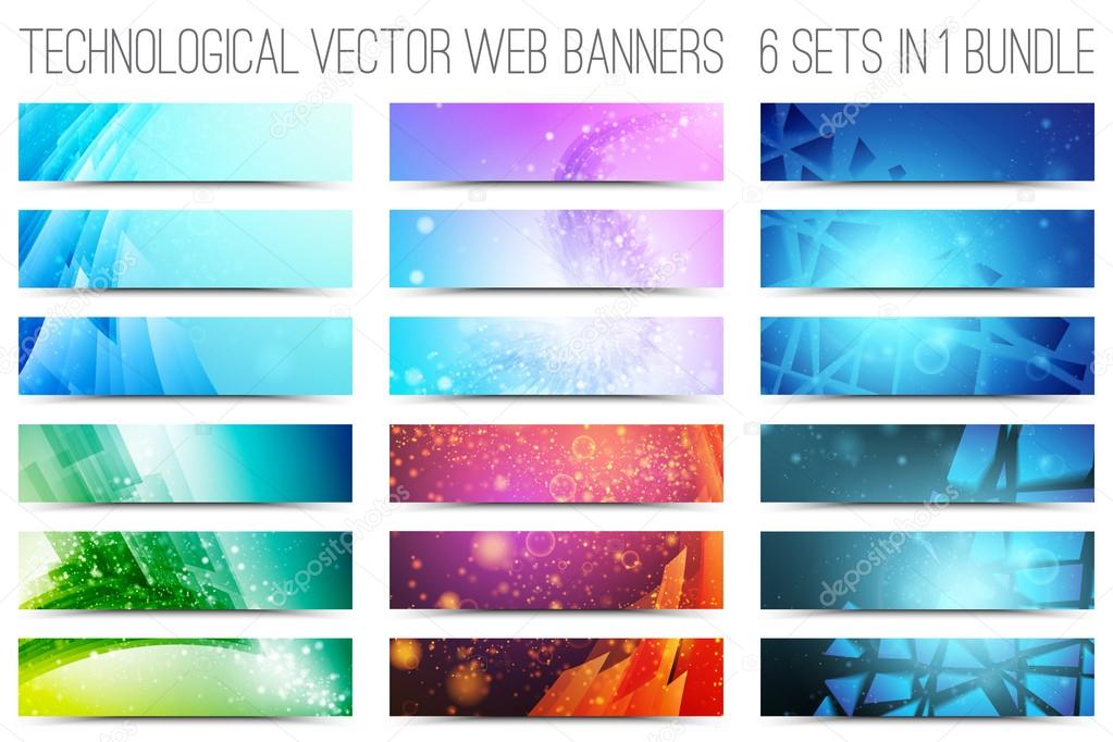 Bundle of 18 abstract digital tech web banners. Vector design elements. Internet technology background. Design vector elements. Media advertising business. Internet business
