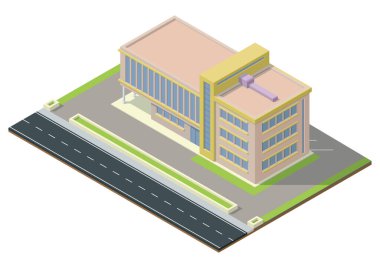 Otoyolu olan Isome modern iş merkezi. Ticari ofis binası izole vektör illüstrasyonu.