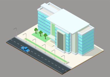 Otoyolu olan Isome modern iş merkezi. Ticari ofis binası izole vektör illüstrasyonu.