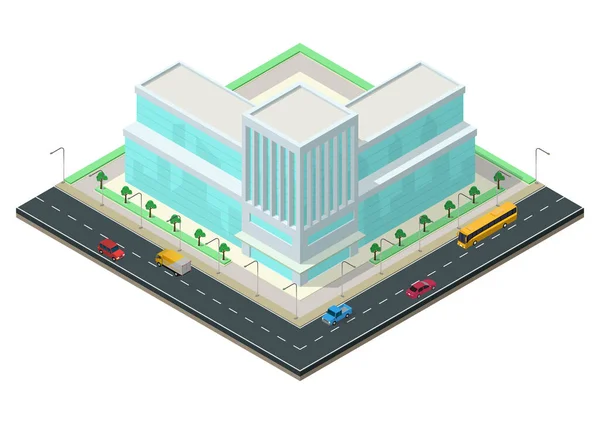 Isométrico Moderno Centro Negocios Con Autopista Edificio Oficinas Comerciales Ilustración — Vector de stock