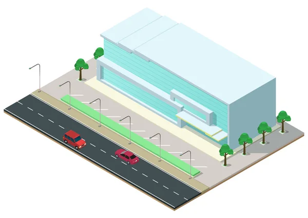 Centro Negócios Moderno Isométrico Com Rodovia Edifício Comercial Ilustração Vetorial —  Vetores de Stock