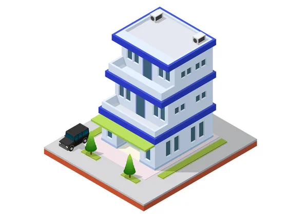 Immeuble Bureaux Isométrique Avec Voiture Illustration Vectorielle Isolée Des Immeubles — Image vectorielle