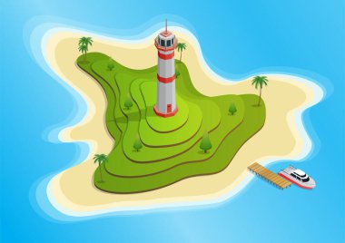 Teraslarında deniz feneri olan Isometric Adası