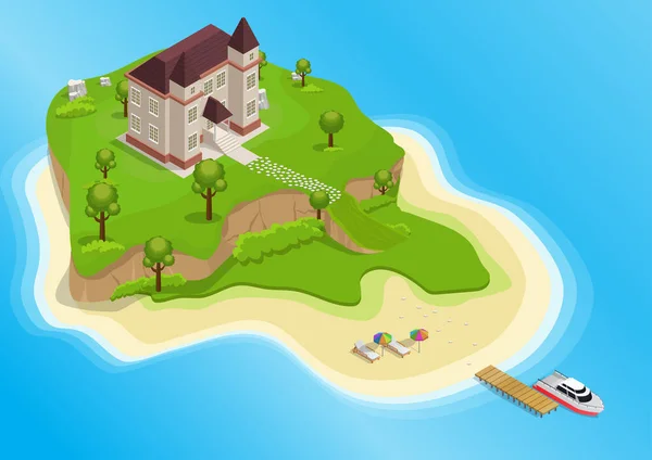 Vettoriale Isometrico Isola Turistica Con Alberi Casa Con Yacht Sul — Vettoriale Stock