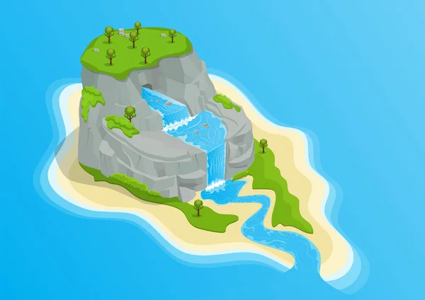 Isla Isométrica Con Cascada Montaje Roca Ilustración Vectores Árboles — Vector de stock