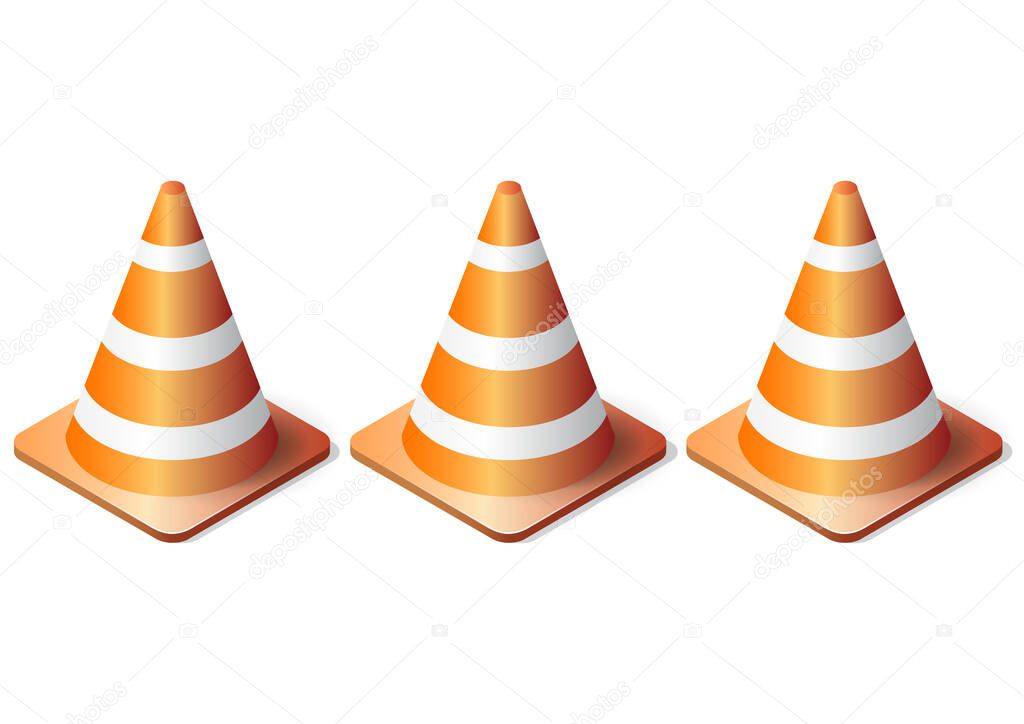 Isometric realistic traffic cones set isolated on white background