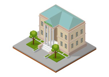 Isometric okul binası. Şehir mimarisi kamu binası.