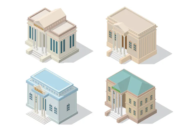 Isometric şehir mimarisi kamu binası. Müze bankası ve okul binası izole edildi