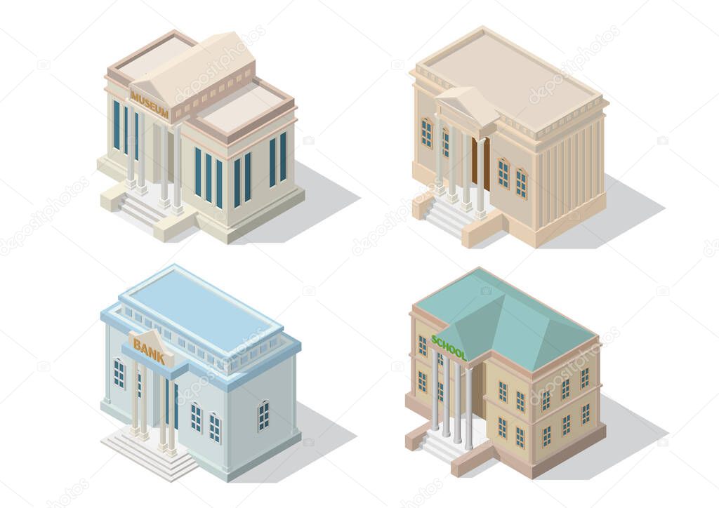 Isometric city architecture public building. Museum court bank and school building isolated