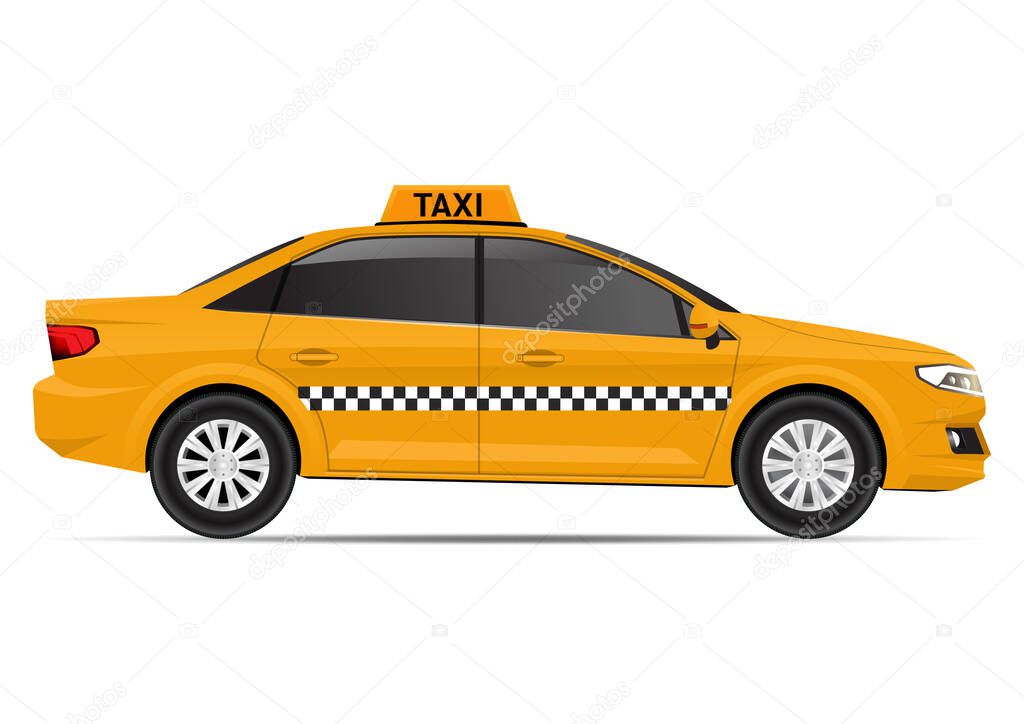 Realistic yellow taxi car side view isolated on white. Vector illustration.