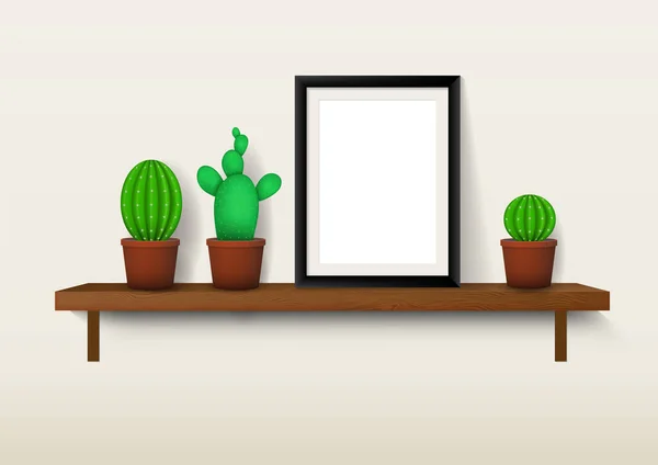 Zwart Houten Fotolijst Model Met Verschillende Soorten Cactus Sappige Plant — Stockvector