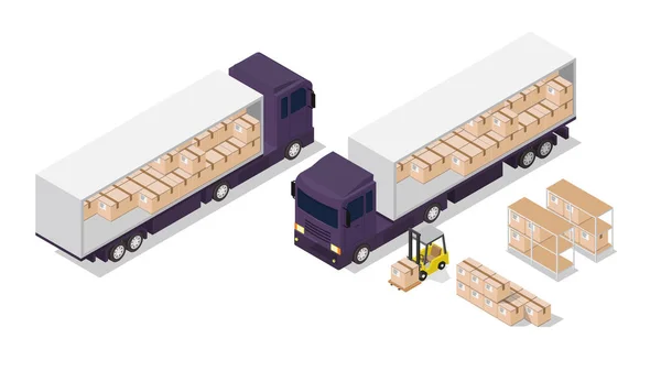 Isometrische Logistieke Samenstelling Vrachtwagen Vorkheftruck Vector Illustratie — Stockvector