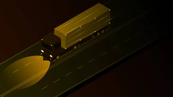Isometric Cargo Truck Drives Highway Night Vector Illustration — Stock Vector
