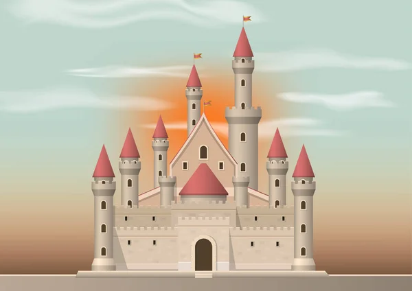 Château Médiéval Avec Coucher Soleil Sur Fond Illustration Vectorielle — Image vectorielle