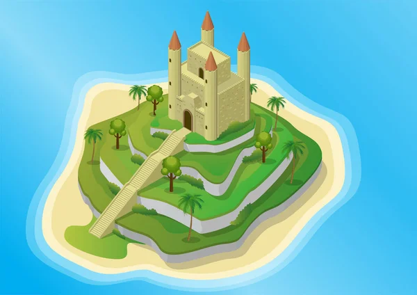 Isola Isometrica Con Castello Medievale Terreno Terrazzato Illustrazione Vettoriale — Vettoriale Stock