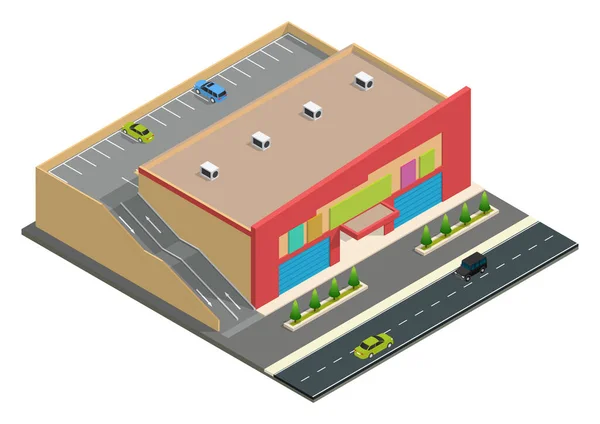 Edificio Supermercado Isométrico Con Aparcamiento City Shopping Mall Building Ilustración — Vector de stock