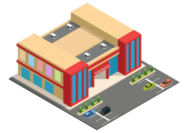 Edificio Supermercado Isométrico Con Aparcamiento City Shopping Mall Building Ilustración — Vector de stock