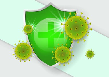 Bağışıklık sistemi simgesi. Yeşil tıbbi kalkan ve virüslerle kavram.