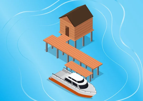 Vektor Isometrisk Tropisk Resort Med Yacht Havet — Stock vektor