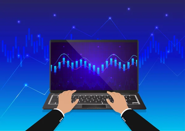 Tapez Main Sur Clavier Avec Écran Graphique Trading Vue Ordinateur — Image vectorielle