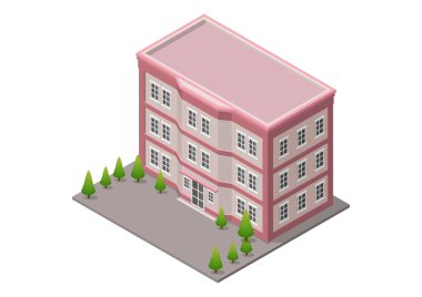 Beyaz ağaçlı Isometric ofis ya da otel binası