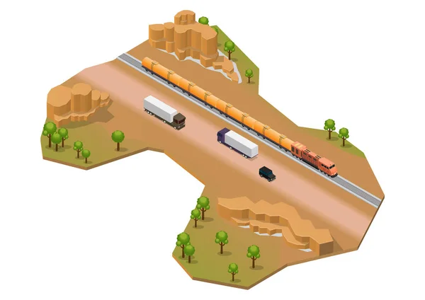 Isometrische Woestijngebied Met Treinpad Snelweg Geïsoleerd Wit — Stockvector