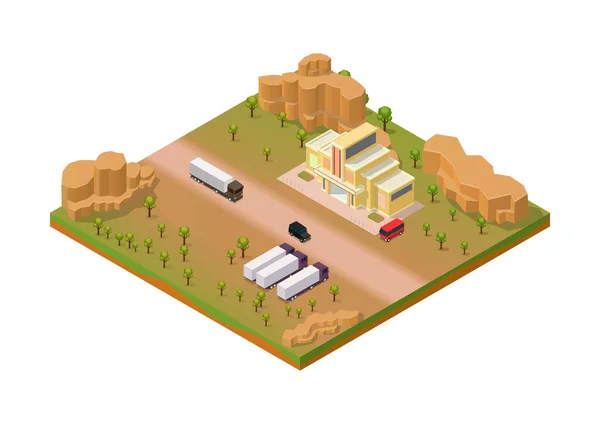Isometrisches Wüstengebiet Mit Lkw Und Lagergebäude — Stockvektor