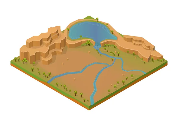 带有湖泊和河流的等距岩石山 — 图库矢量图片