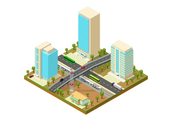 Isometric Kota Dengan Pencakar Langit Jalan Raya Dan Kereta Api - Stok Vektor