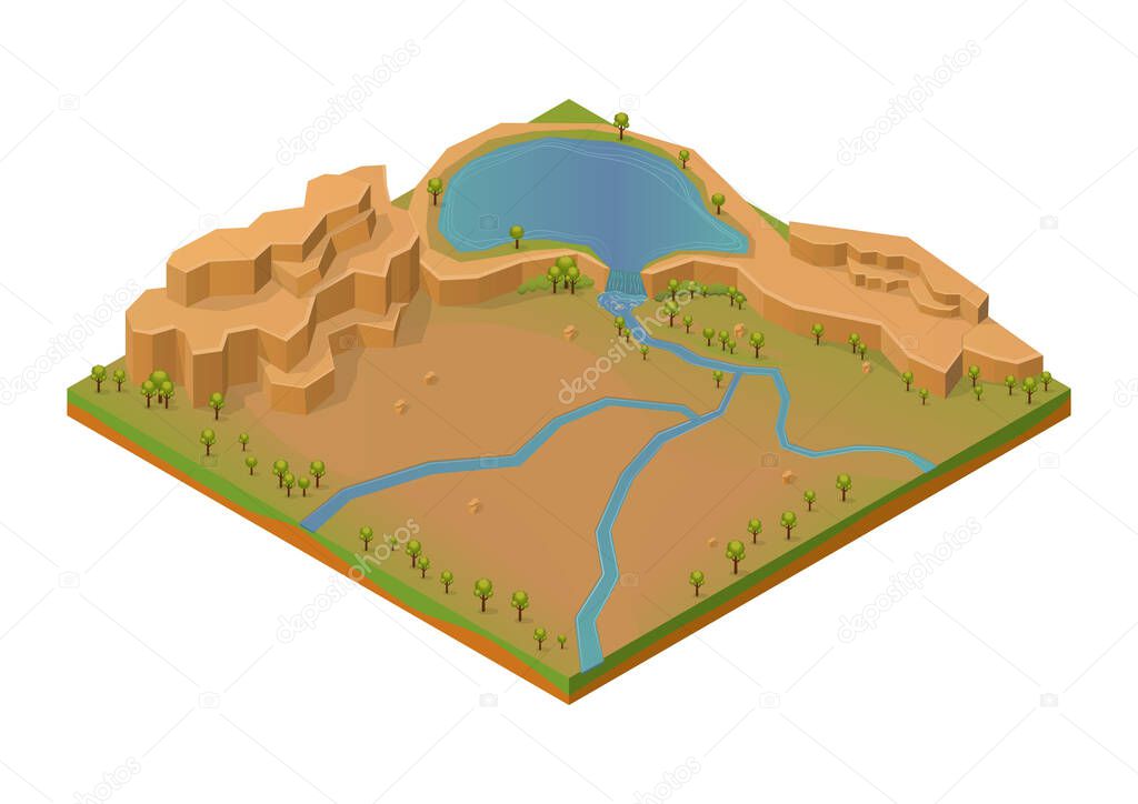 Isometric rock mount with lake and river.