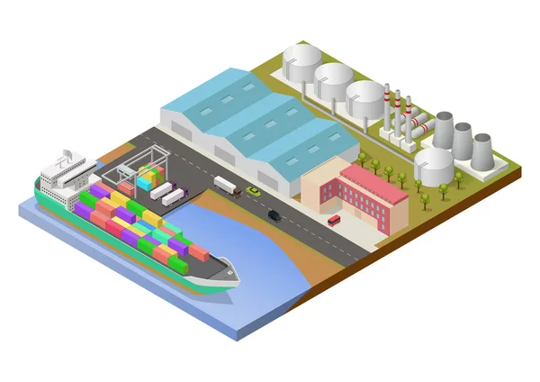 Zona Industrial Isométrica Com Porto Navio Carga — Vetor de Stock