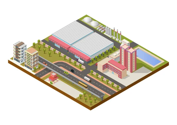 Zona Industrial Isométrica Con Edificios Autopista — Vector de stock