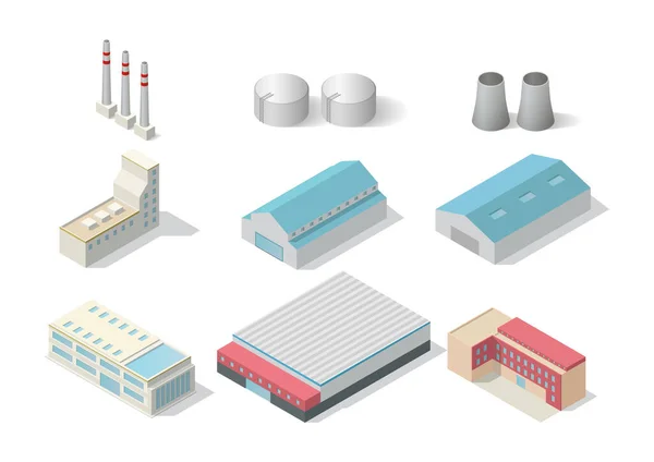 Conjunto Edificios Industriales Isométricos Aislados Blanco — Archivo Imágenes Vectoriales