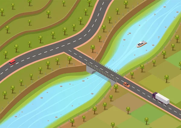 Isometrische Umgebung Mit Flüssen Und Straßen Mit Bäumen Und Fahrzeugen — Stockvektor