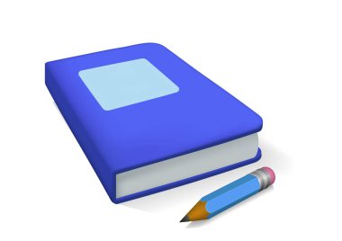 Beyaz arkaplanda izole edilmiş mavi gerçekçi kitap ve kalem