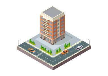 Otoyolu olan Isometric Modern Futuristik Otel veya Ofis Binası