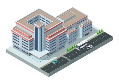 Karayolu ile izometrik ofis veya otel inşa alanı