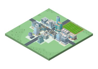 Modern gökdelen binaları ve otoyolu olan Isometric kentsel alanı