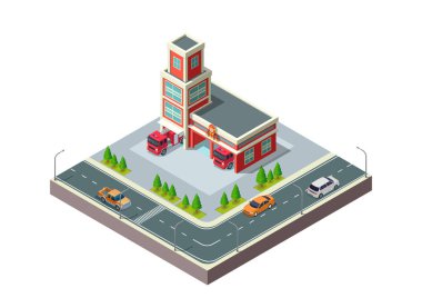 İtfaiye araçları ve şehir trafiği olan Isometric İtfaiye Merkezi