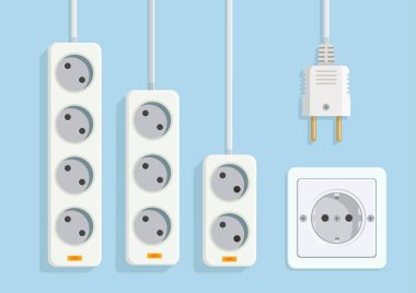 Beyaz Elektriksel Uzantı Güç Şeritleri, Duvar Soketi ve Erkek Eklenti Görüntüleme