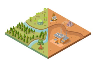 Isometric Vector Illustration of Endüstriyel Kirlilik ve Ormansızlığa Karşı Yeşil Doğa Ormanı