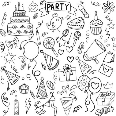 WebA büyük bir eğlence seti. Havai fişeklerle, parti şapkasıyla, tatil hediye kutusuyla parti zamanı. El çizimi simgeler