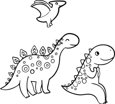 Üç sevimli dinozor. Çocuklar ve yetişkinler için boyama sayfaları. Beyaz arkaplanda Doodle vektör illüstrasyonu.